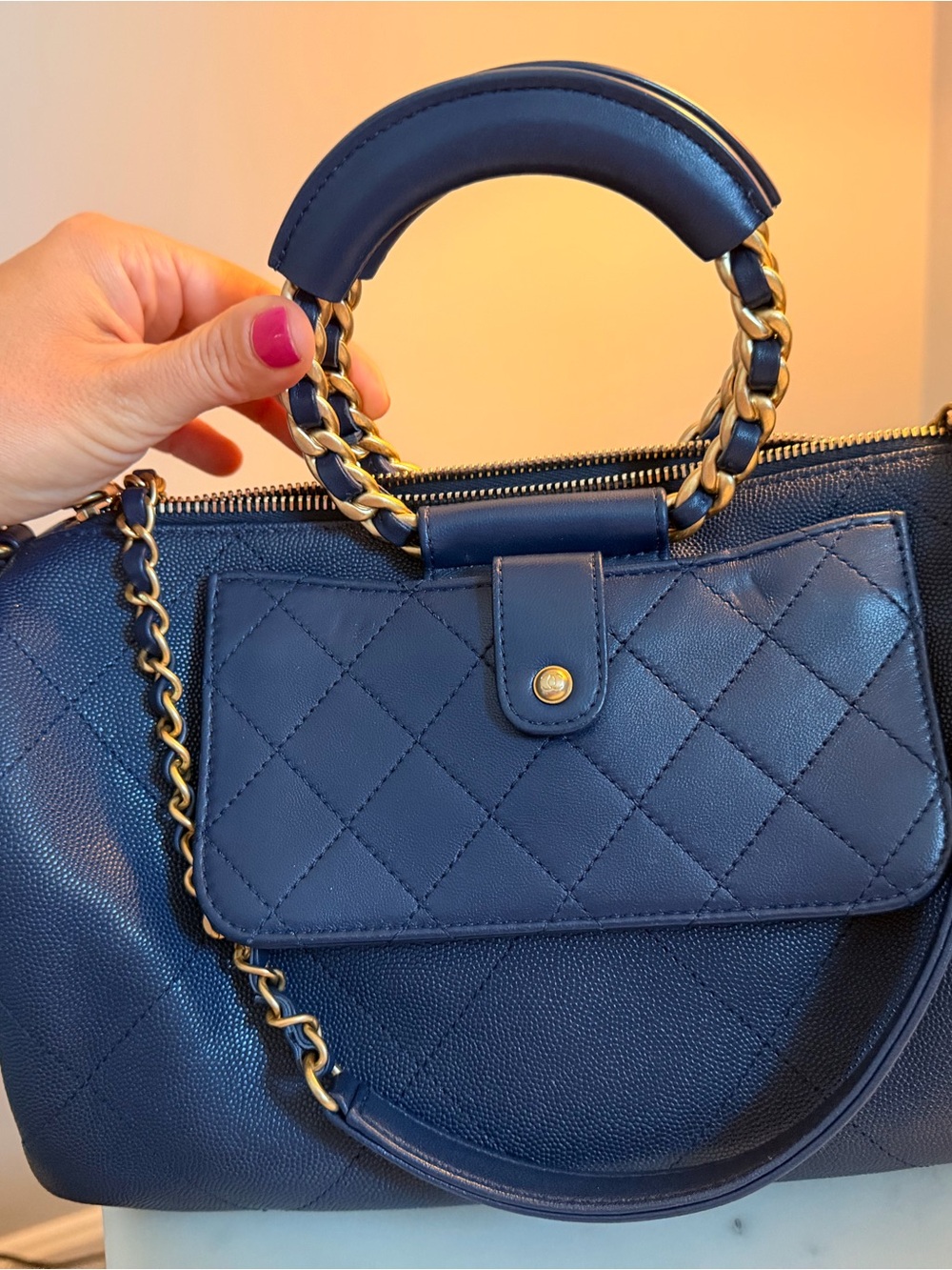 CHANEL Navy Quilted Leather Top-Handle Crossbody with Gold Chain